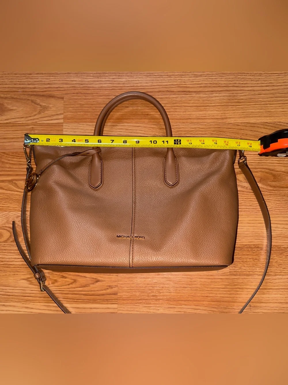 Gorgeous Michael Kors Cognac pebbled Leather Satchel with Gold Charm
